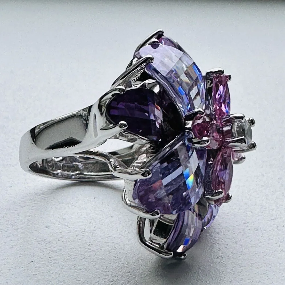 Statement Flower Ring Size 5 Purple Pink Gemstones Chunky Sterling Silver‎ 16+g